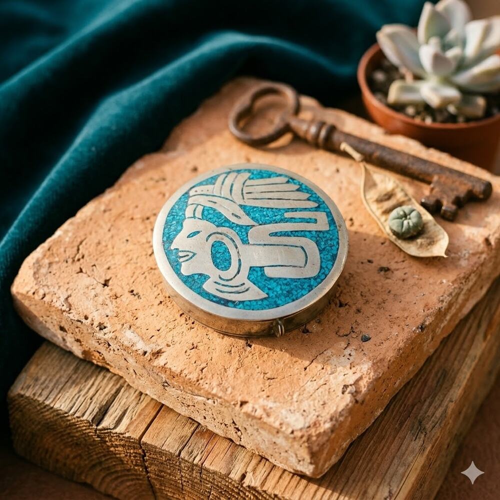 Vintage Alpaca Mexico Turquoise Mosaic Inlay Trinket Box Aztec Warrior Folk Art